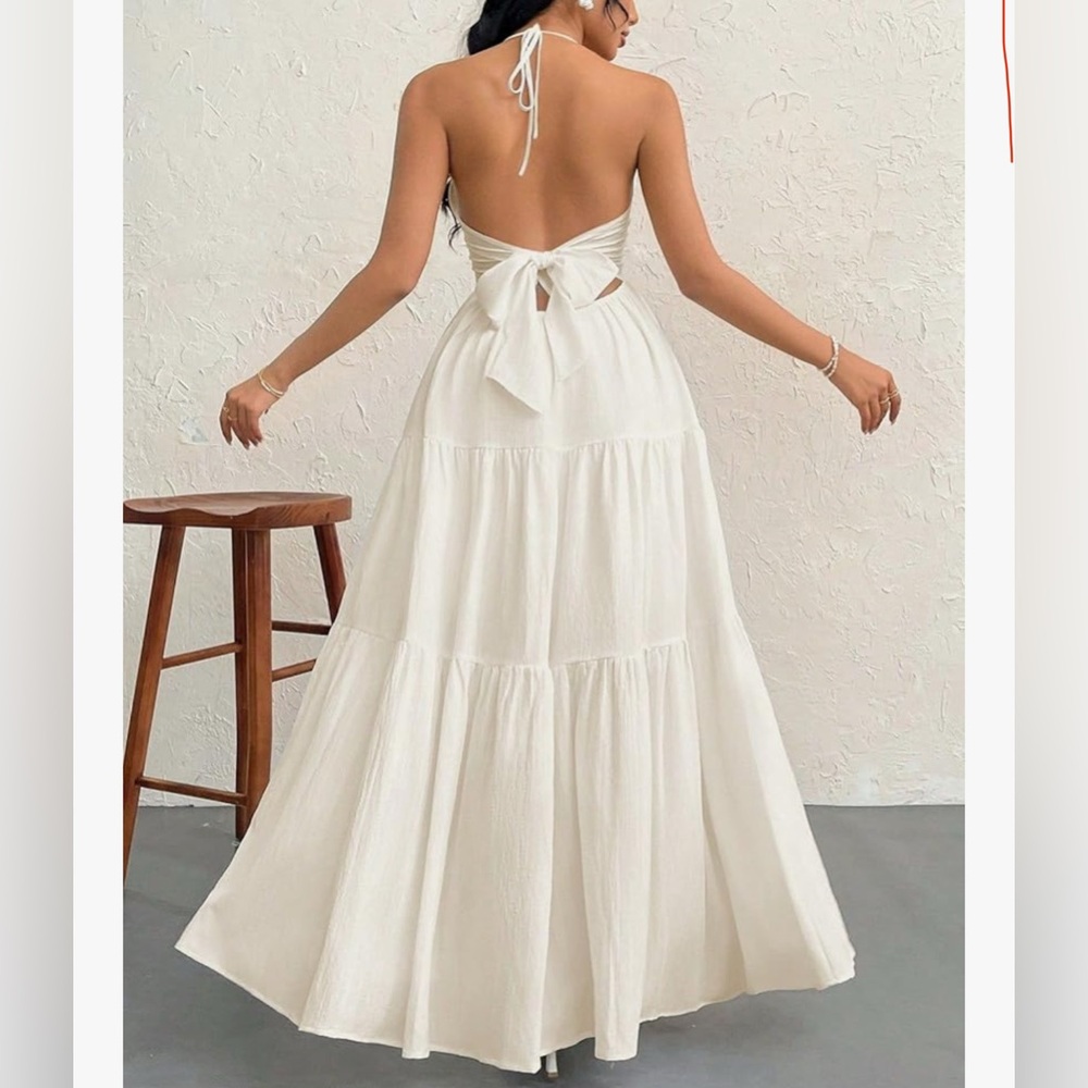 New- Elegant Cream Halter Maxi Dress - Picture 2 of 4
